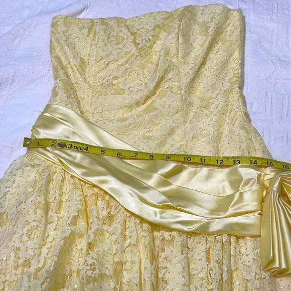 80’s ZUM ZUM Vtg Yellow Lace Frilly Satin Sequins Sash Prom Gown Wedding Dress - Picture 16 of 17